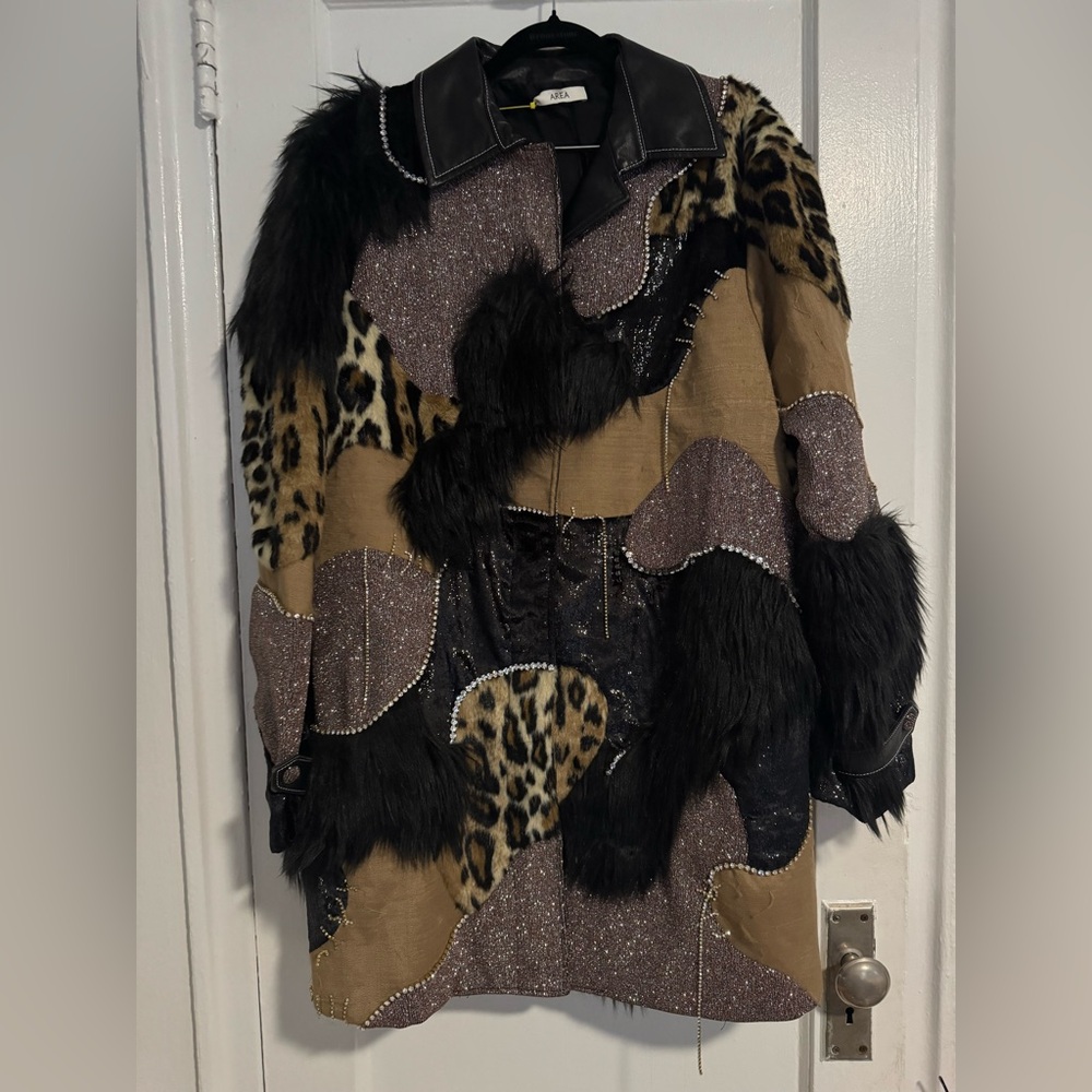 AREA Fabienne Leopard Patchwork Trench Coat - Black, Brown, Tan